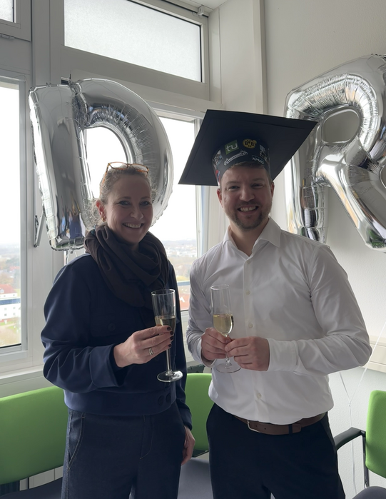 Photo of doctor Fabian Freches immediately after his doctoral lecture