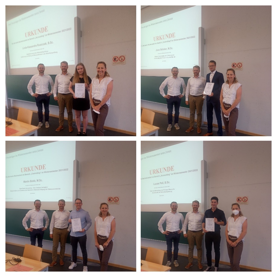 Photo gallery of the four award winners with the organizers from PwC and TU-Dortmund