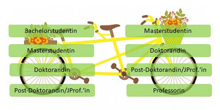 Image shows a tandem symbolising mentoring relationships at different levels - between bachelor's students and master's students, master's students and doctoral students, and again with post docs and assistant professors and full professors. 